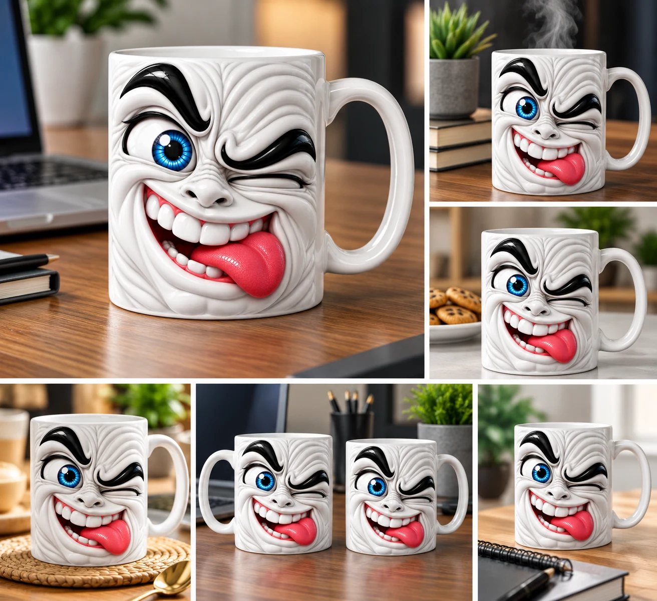 Colaj cu designul unei fețe jucăușe cu ochi albaștri, prezentat pe căni în mai multe decoruri
